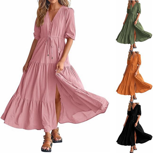 V-Ausschnitt-Knopfleiste Tunnelzug-Schlitzsaum am Saum Kurzarmkleid