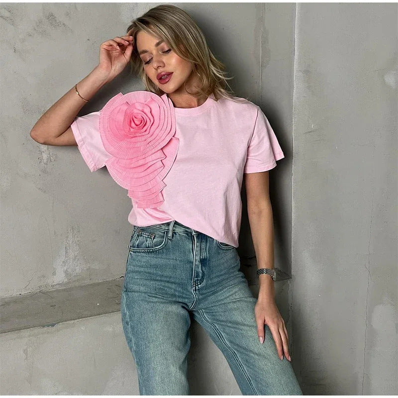 Frauen T-Shirt Eleganter Rundhalsausschnitt 3D Blume