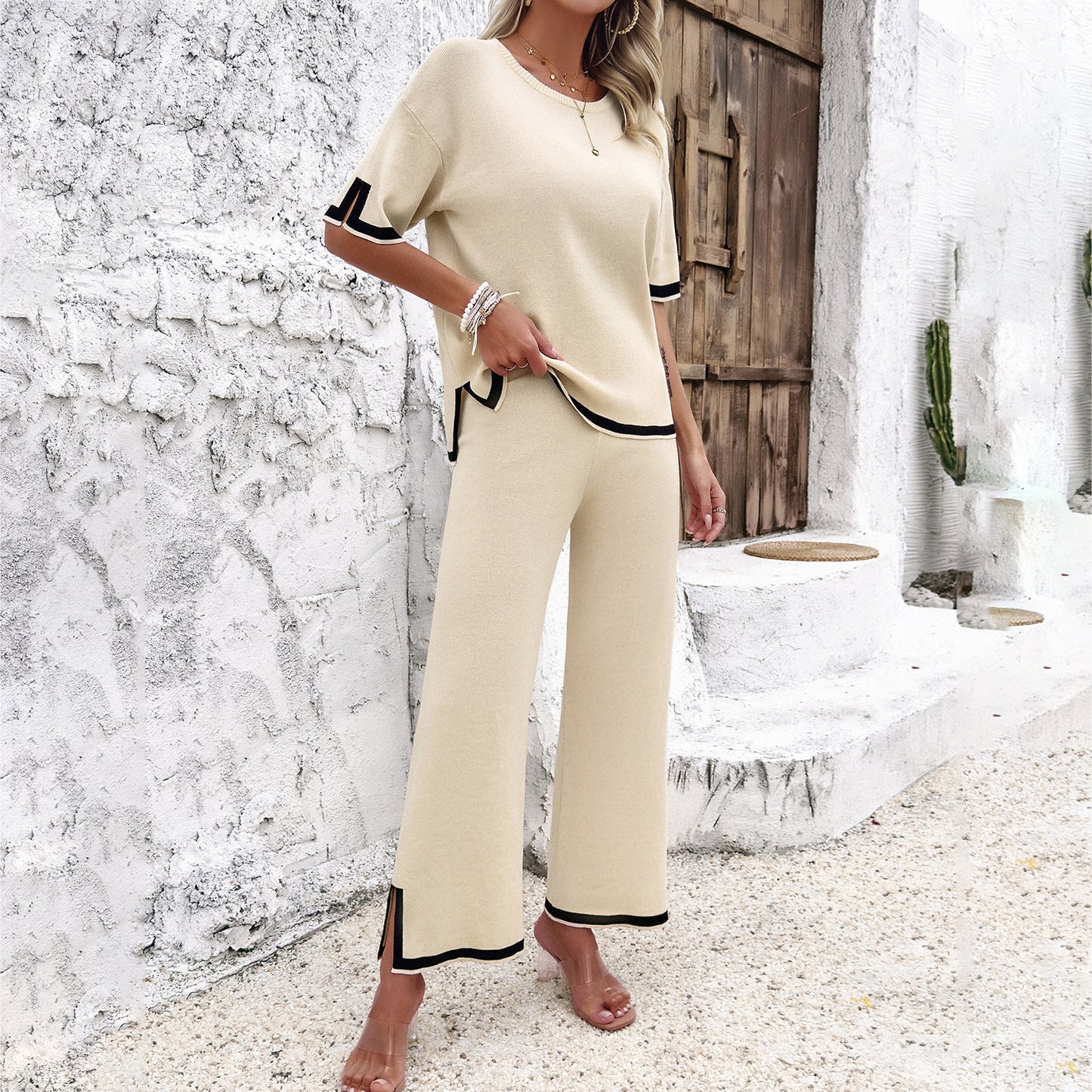 Damen Mode Temperament Freizeit Kurzarm Strick anzug