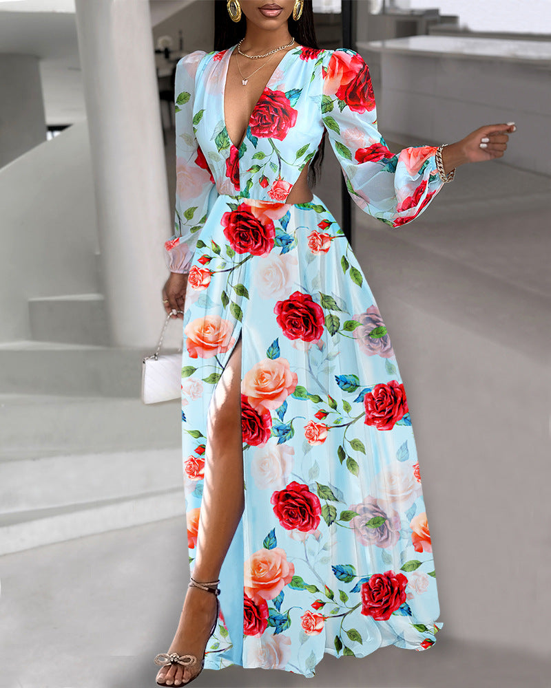 Modisches Damenkleid mit V-Ausschnitt und hohlem Druck