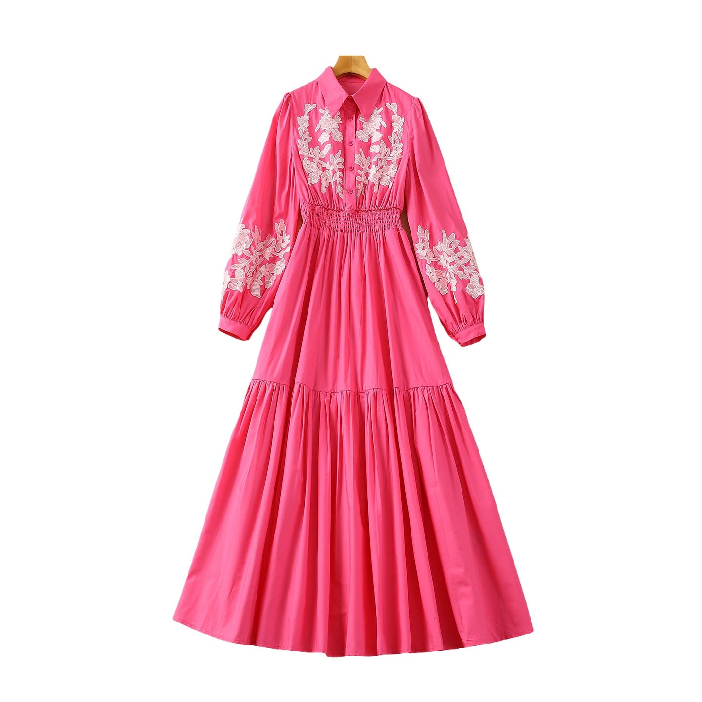 Baumwollstickerei Revers Elastische Taille Langarm Kleid