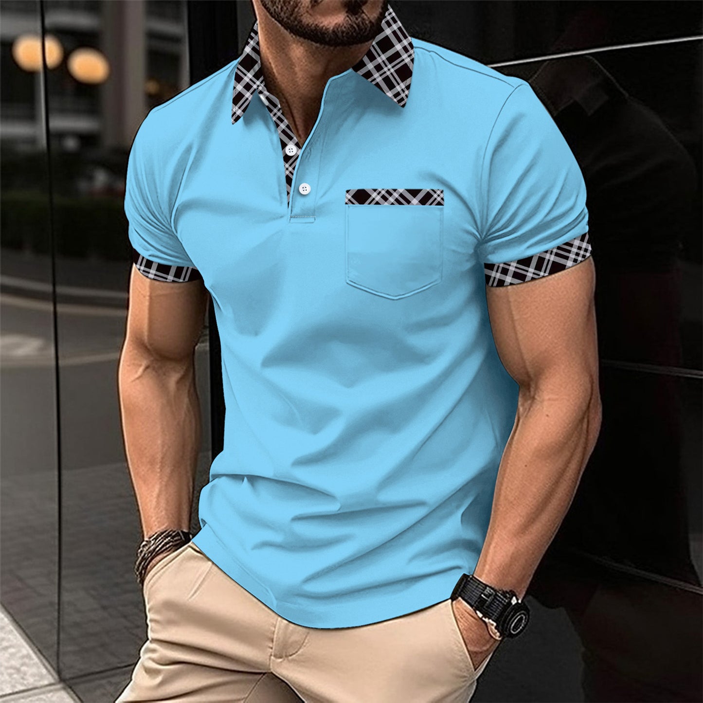 Farblich abgestimmtes kariertes Kurzarm-Sportpoloshirt