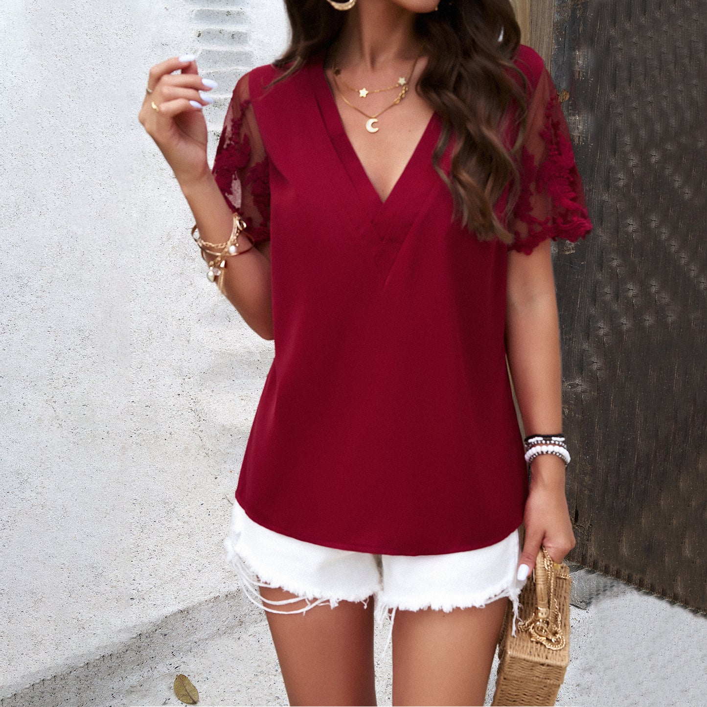 Elegantes Jacquard-Top mit V-Ausschnitt für Damen