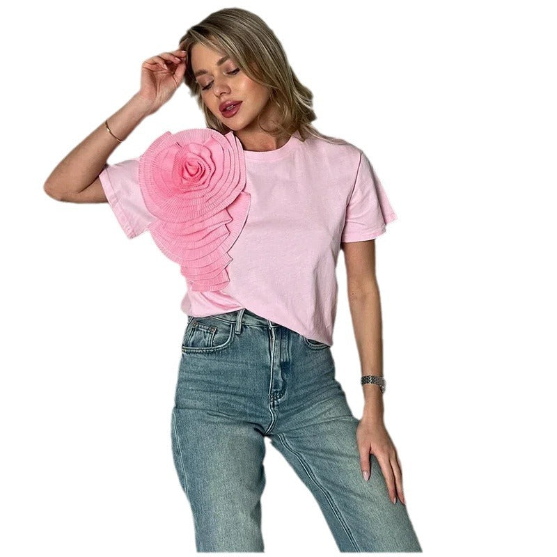 Frauen T-Shirt Eleganter Rundhalsausschnitt 3D Blume