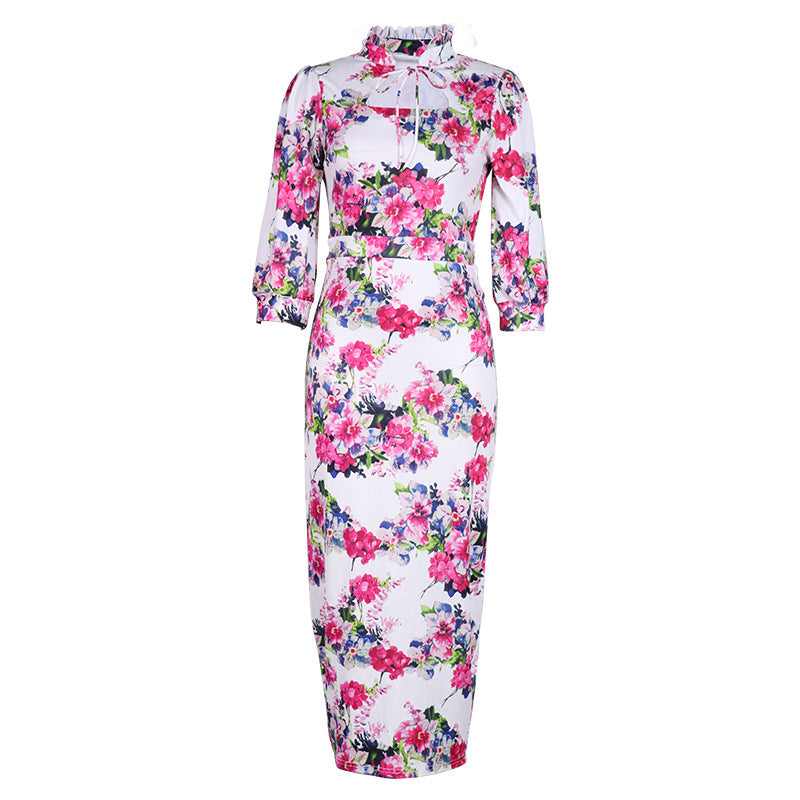 Bedrucktes Midi-Kleid mit Stehkragen für Damen