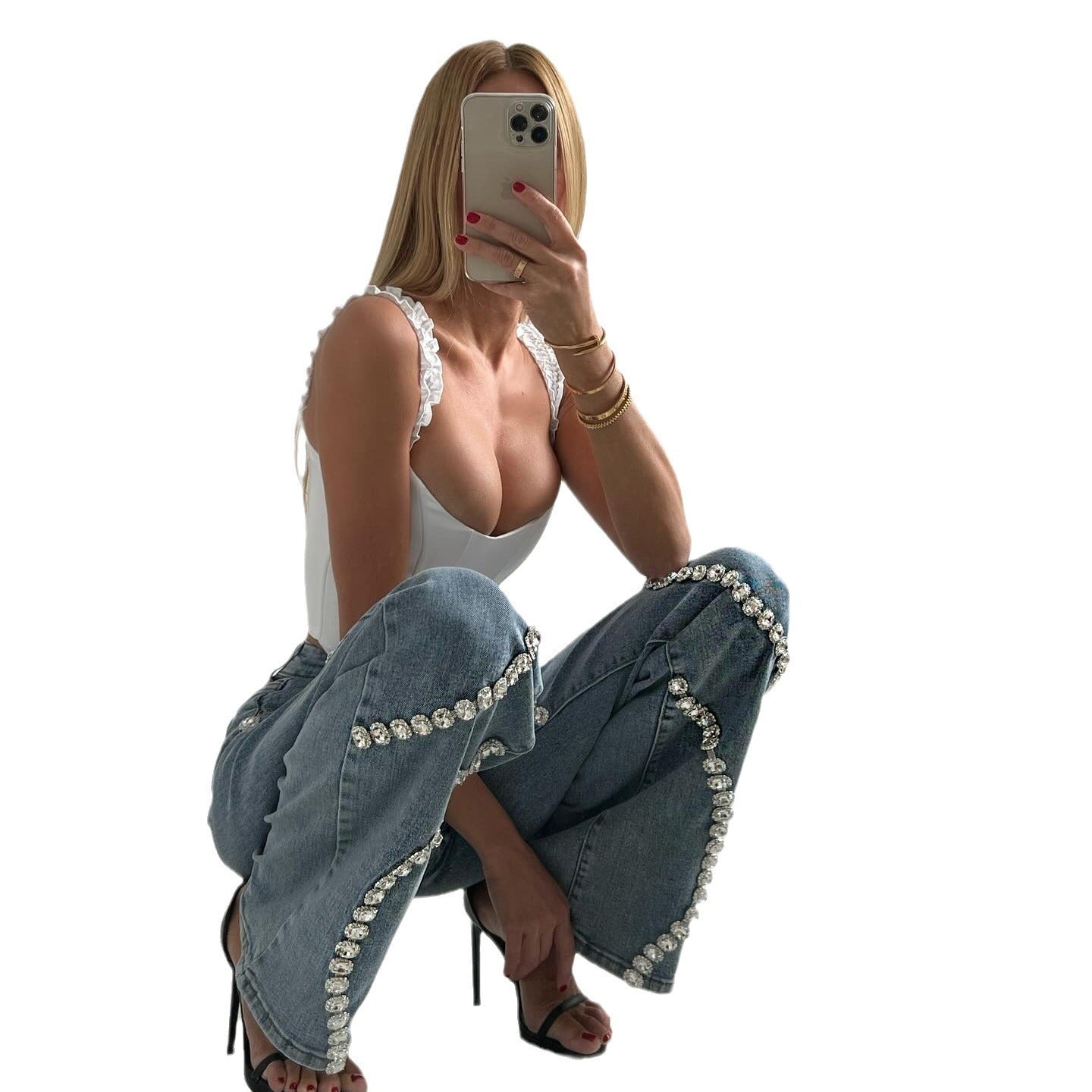 Lässige Gerade geschnittene Jeans mit Strasssteinen-Modische Damenhose