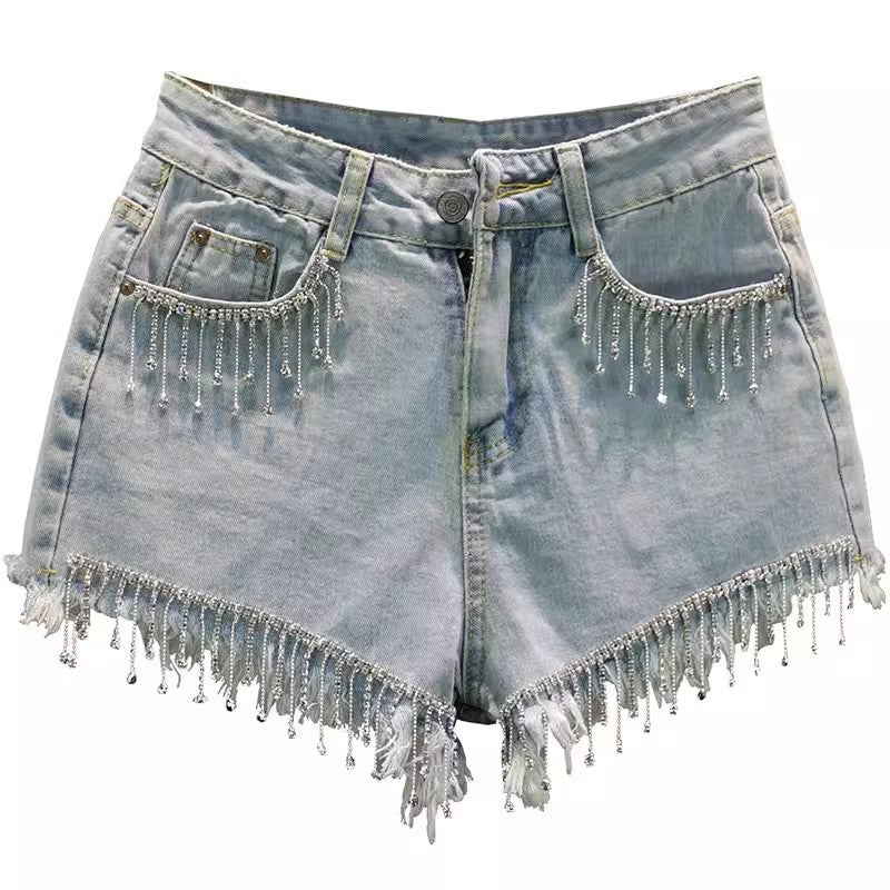Strass-Tassel-Jeansshorts mit hoher Taille