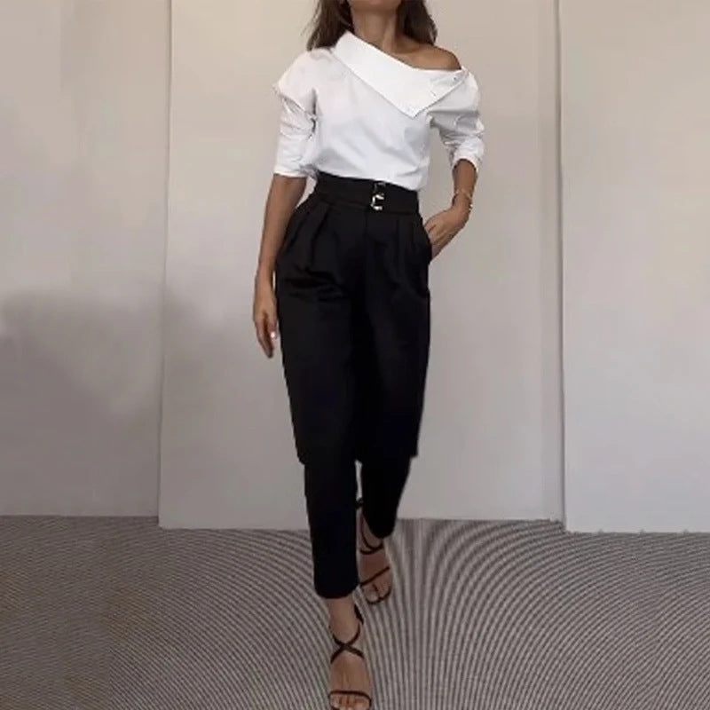 Schulterbluse und Hose Set mit hohem Kragen