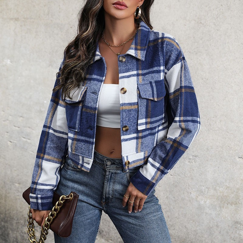 Karierte Kurze Jacke mit Revers und Taschen für Damen