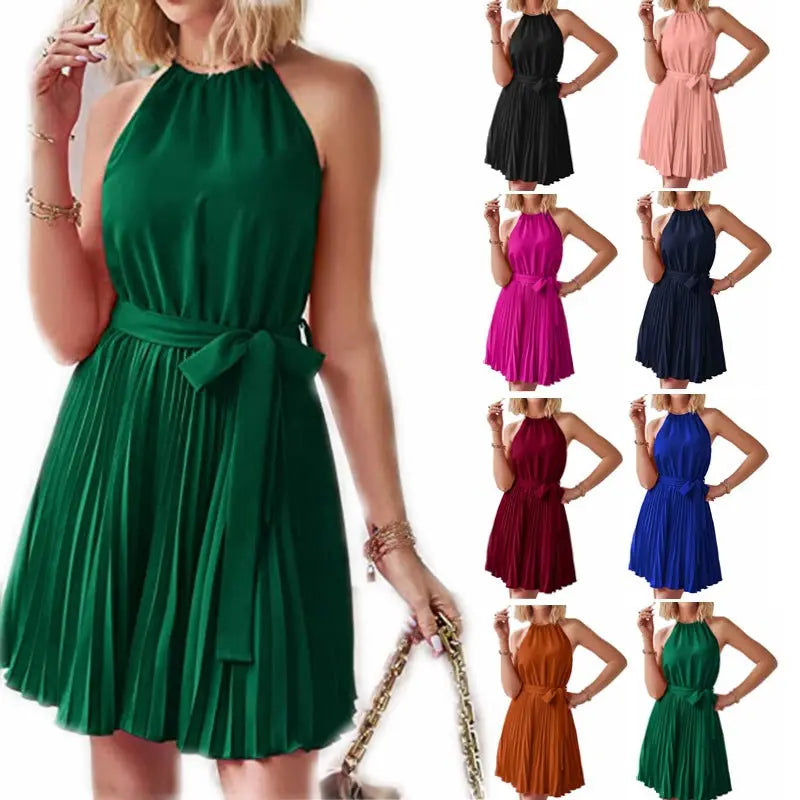 Schulterfreie Halterkleider für Damen: Eleganter Sommerstrand-Sommerkleid mit solidem Plissee-Rock"