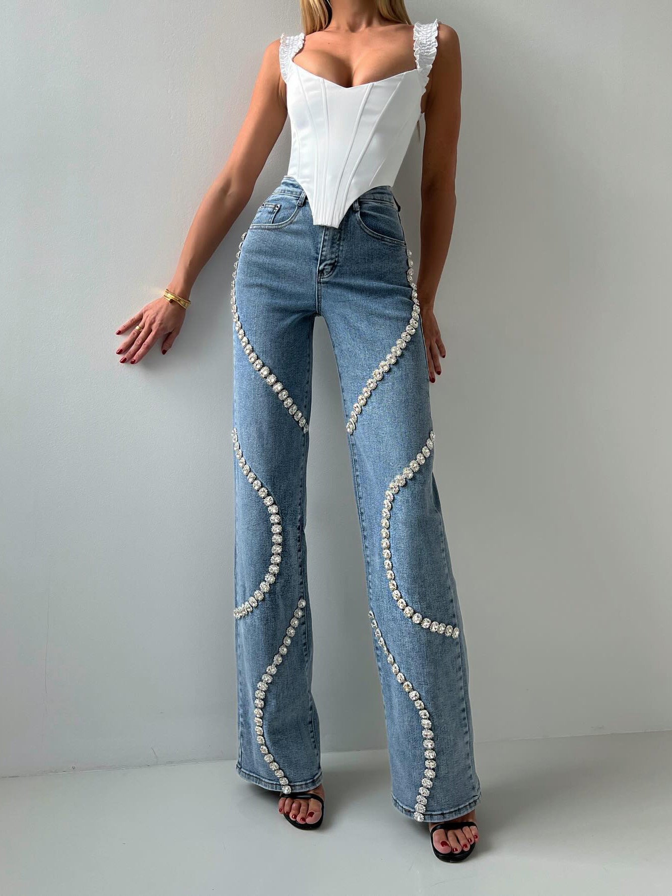 Lässige Gerade geschnittene Jeans mit Strasssteinen-Modische Damenhose