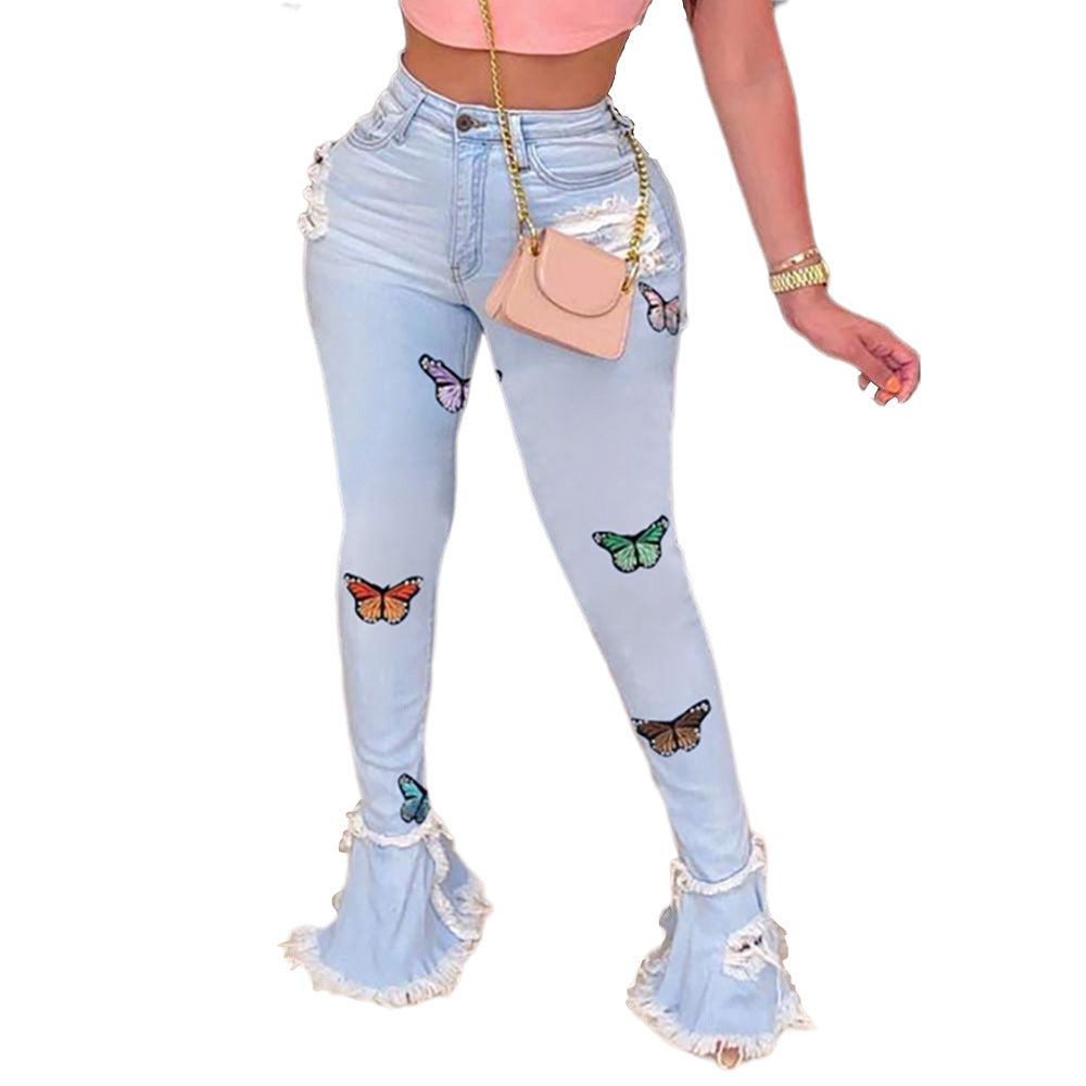Modische Schmetterlings-bestickte Rüschen-Loch-Denim-Hose