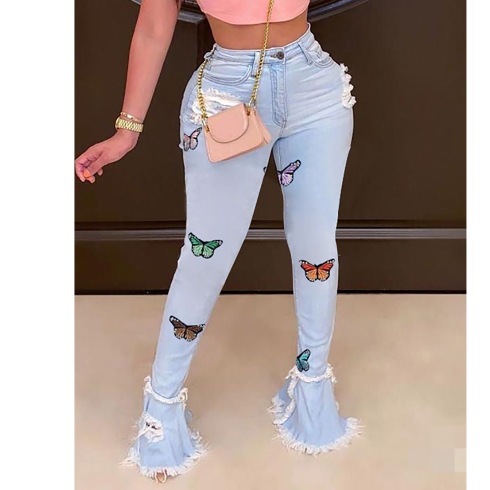 Modische Schmetterlings-bestickte Rüschen-Loch-Denim-Hose