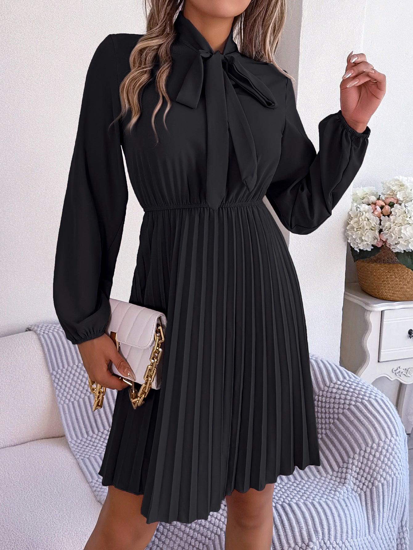 Damen Langarmkleid mit Taillenschnürung