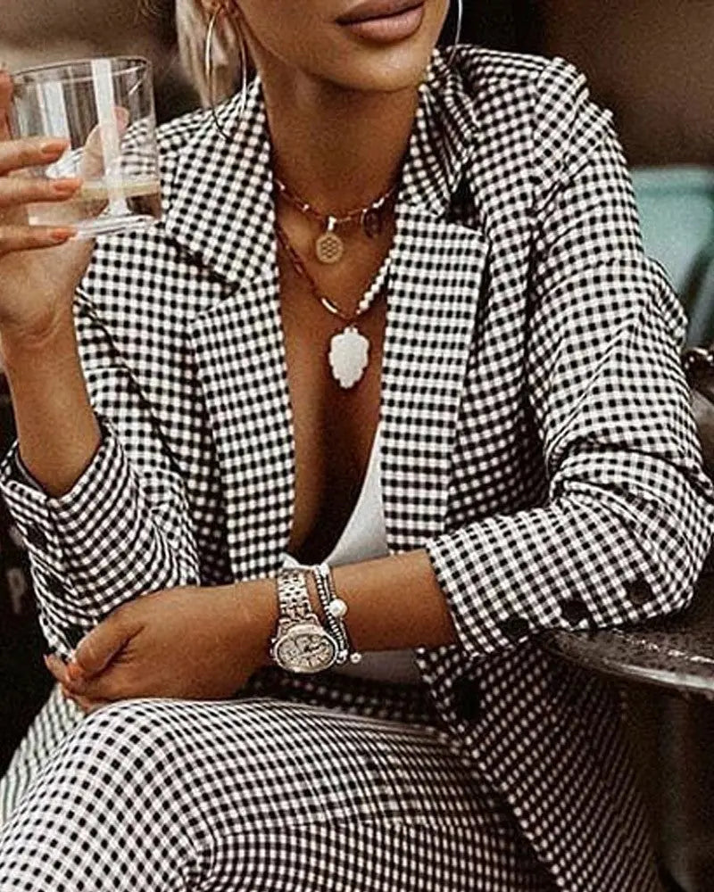 Neues Modisches Damen-Karomuster-Slim-Fit-Lapel-Anzug-Set