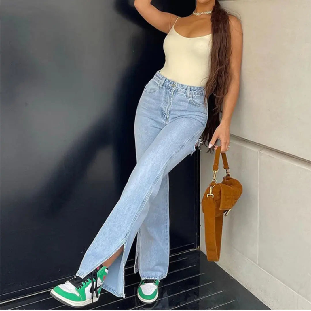 High-Waist-Stretch-Jeans mit zerrissenem Saum und Schlitz für Frauen