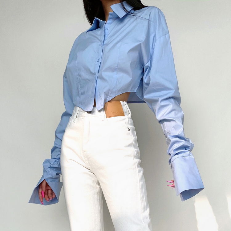 Kurzbluse für Damen mit modischem Design, Nischenkragen und langen Ärmeln