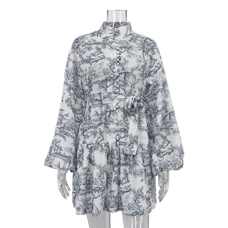 Damen-Langarmkleid mit Tintenprint und Puffärmeln