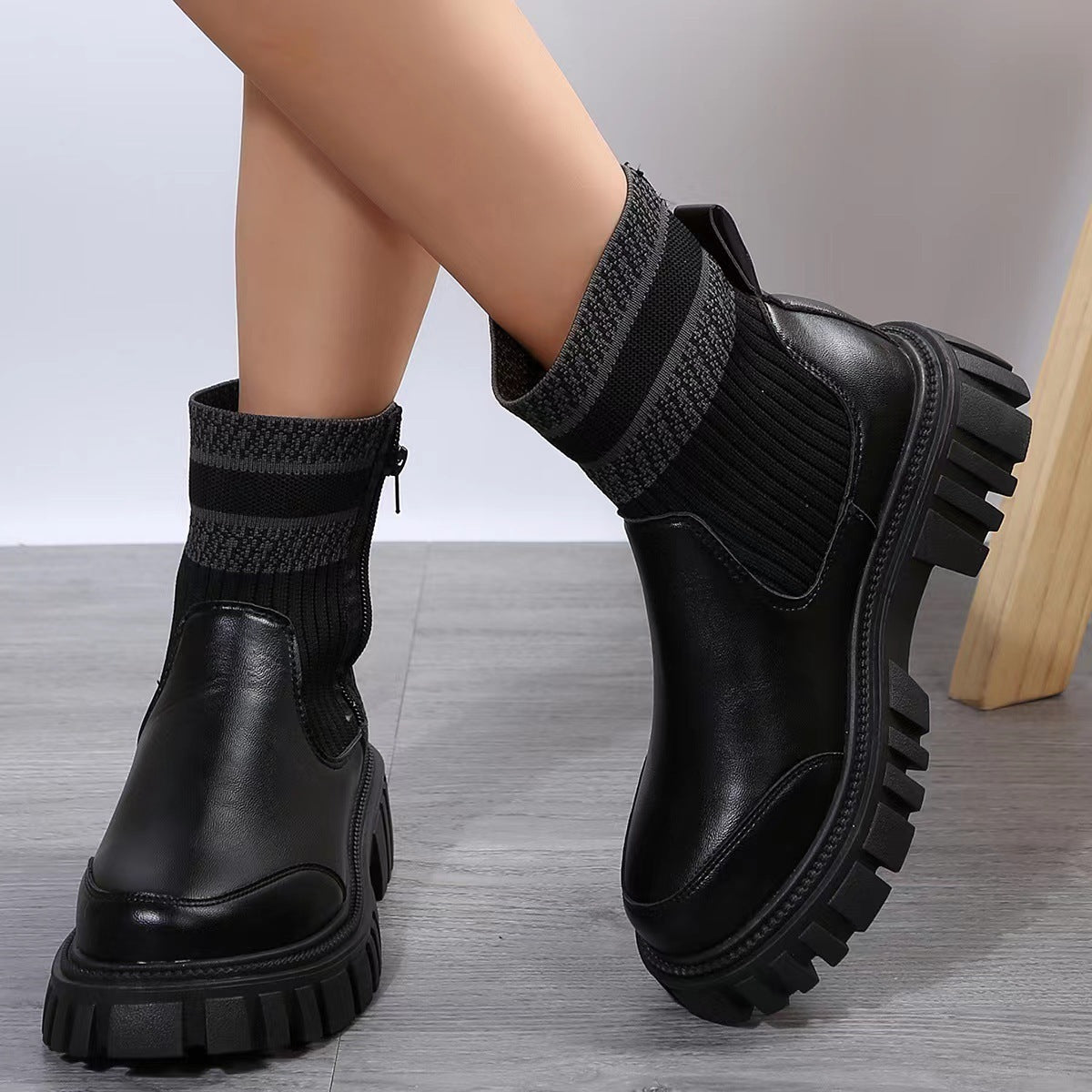 Modische Mid-Tube-Stiefel mit Reißverschluss und Strick-Patchwork für Damen