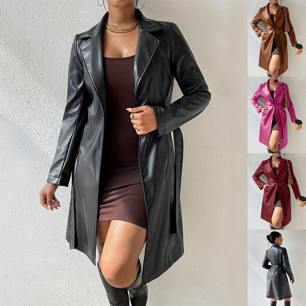 Damen Langärmliger PU-Trenchcoat mit schlanker Passform