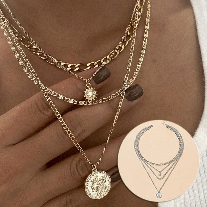 Mehrschichtige Halskette mit Porträtmünzen und breiter Kette für Damen