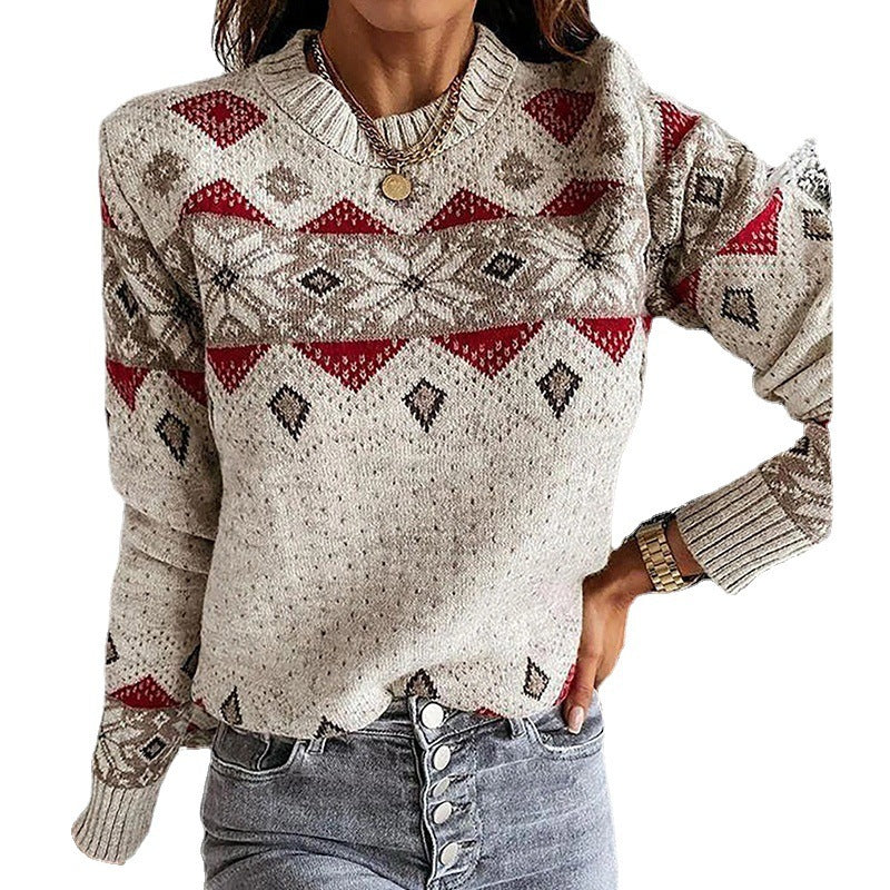 Damen Pullover mit geometrischem Rautenmuster und kontrastierenden Farben, warm
