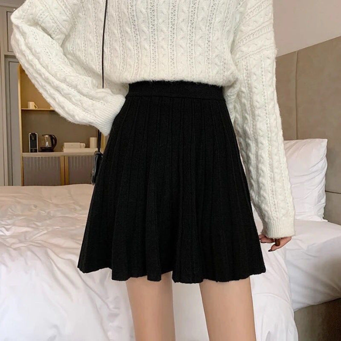 Damen Herbst- und Winterrock mit hoher Taille und gestrickten Falten