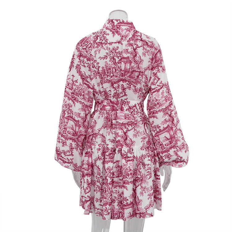 Damen-Langarmkleid mit Tintenprint und Puffärmeln