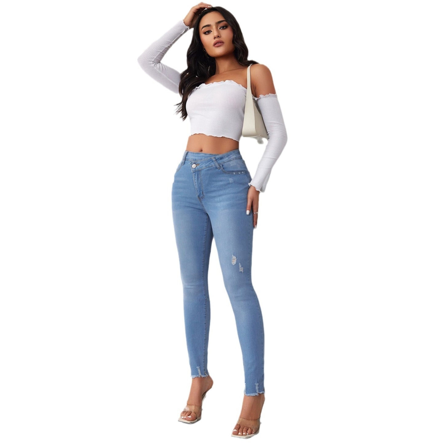 High-Waist-Stretch-Jeans mit Löchern