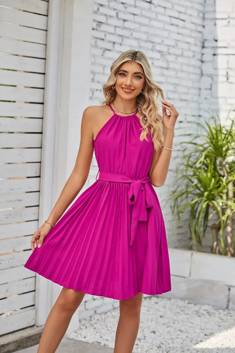Schulterfreie Halterkleider für Damen: Eleganter Sommerstrand-Sommerkleid mit solidem Plissee-Rock"