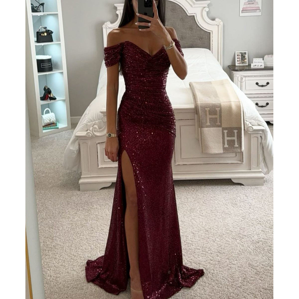 Party Pailletten Off-Neck-Split-Kleid