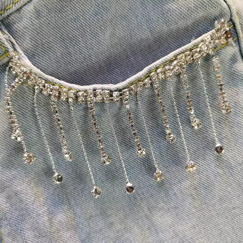 Strass-Tassel-Jeansshorts mit hoher Taille