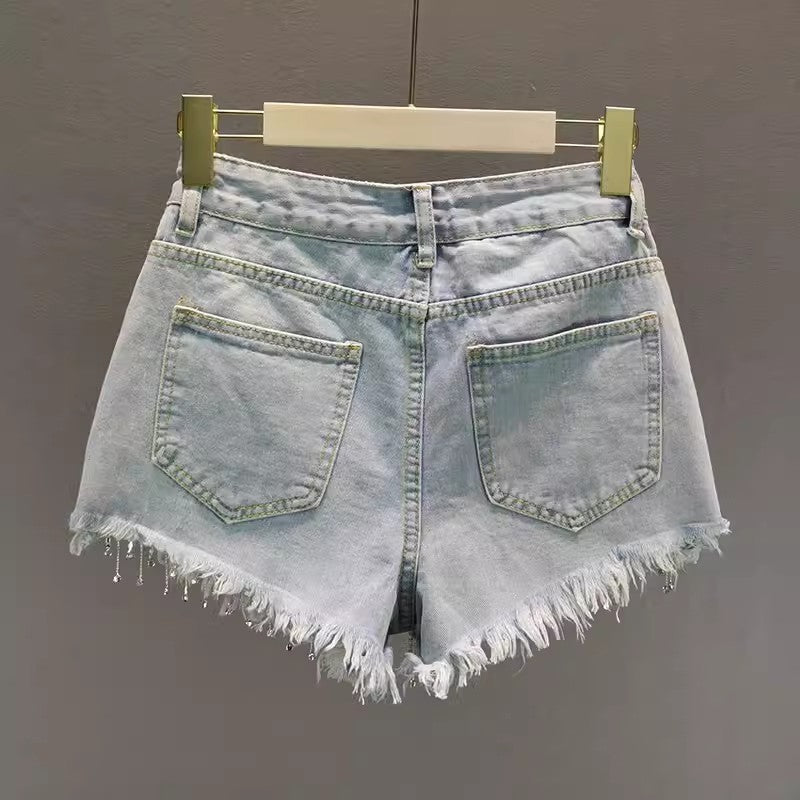 Strass-Tassel-Jeansshorts mit hoher Taille