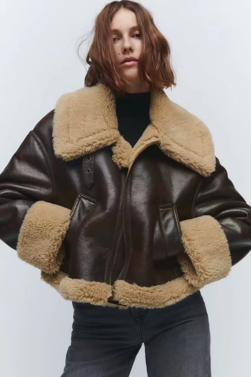 Brauner Damen Casual Pelz Doppelseitiger Kurzmantel