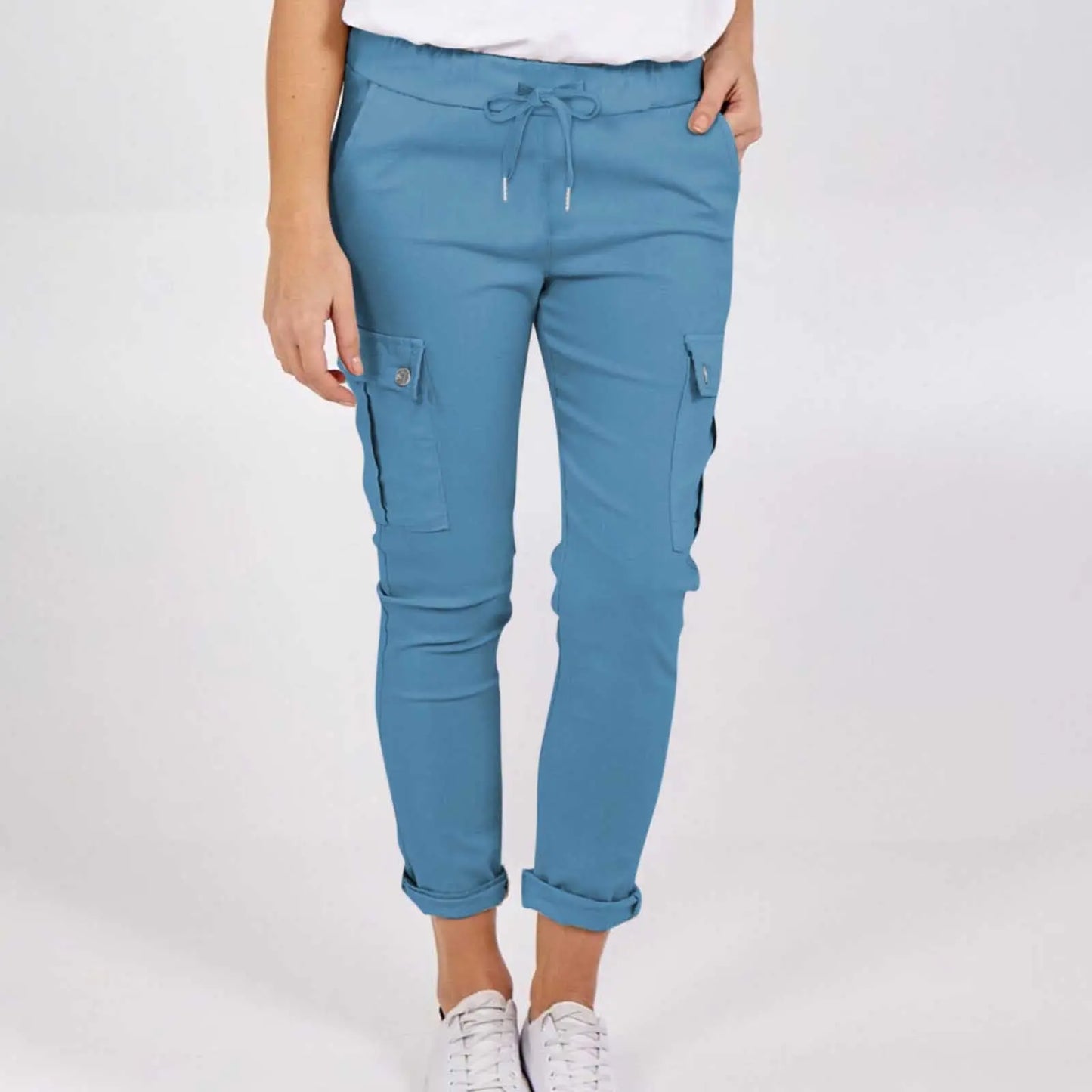 Lässige Cargo-Hose mit Taschen, einfarbig, mit Tunnelzug am Bund, Bleistifthose für Frauen