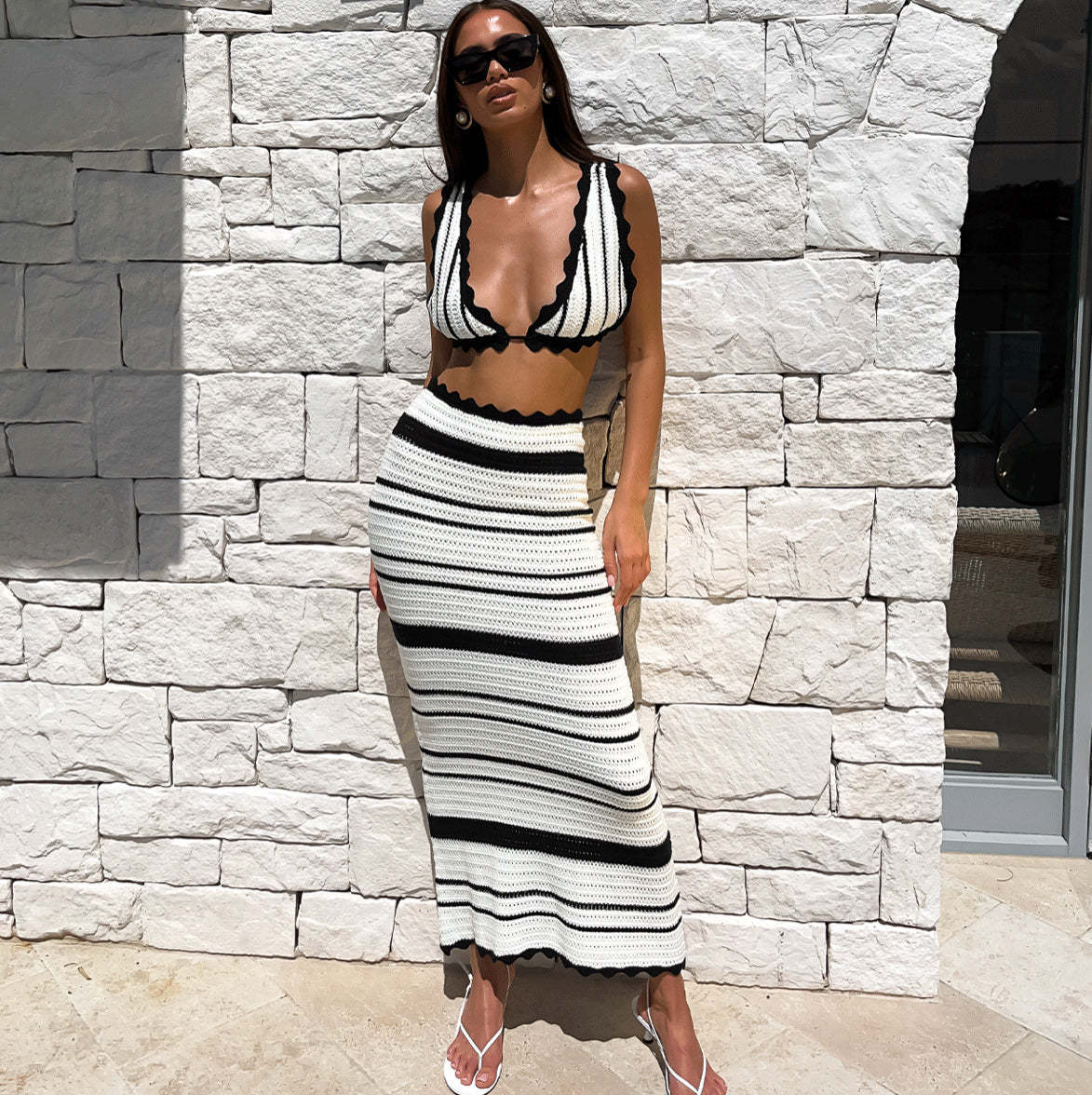 Sommerliches 2-teiliges gestreiftes Bikini-Set mit Y2K Kleid für Frauen