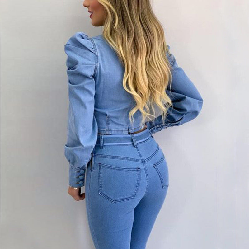 Damen Denim Langarmhemd mit kurzen Puffärmeln in einfarbiger Ausführung