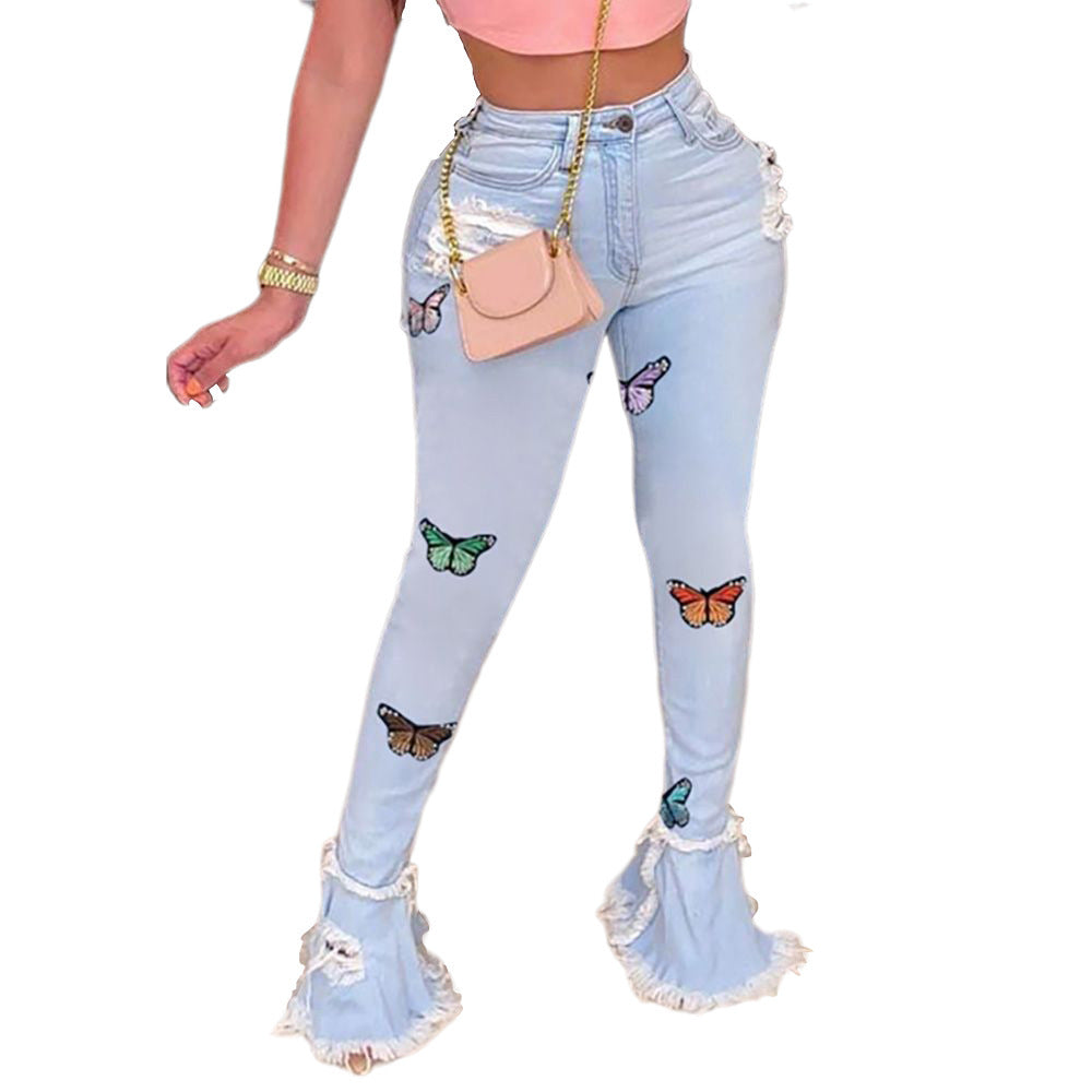 Modische Schmetterlings-bestickte Rüschen-Loch-Denim-Hose