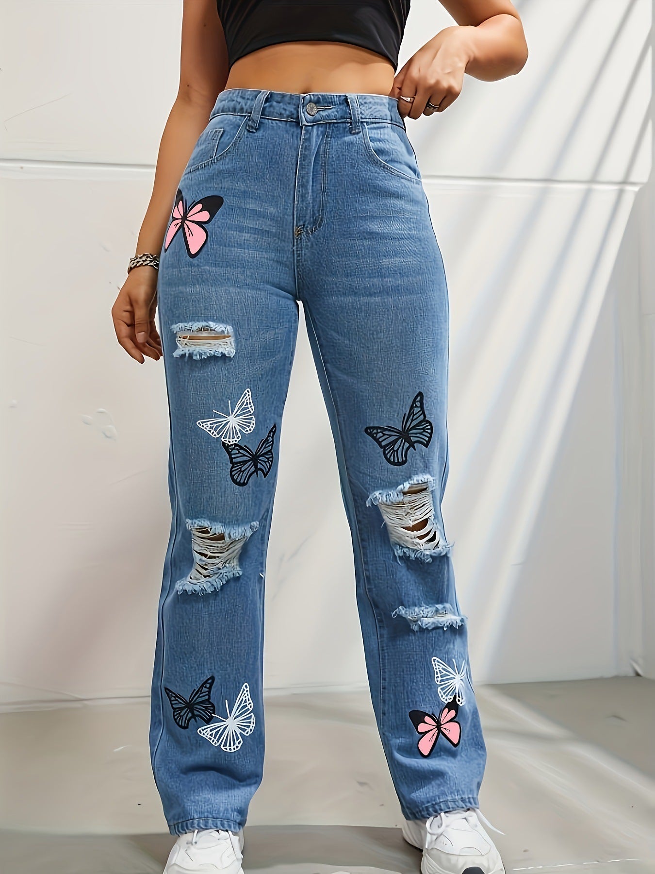 Schmetterlings-Print High-Waist-Jeans mit Rissen