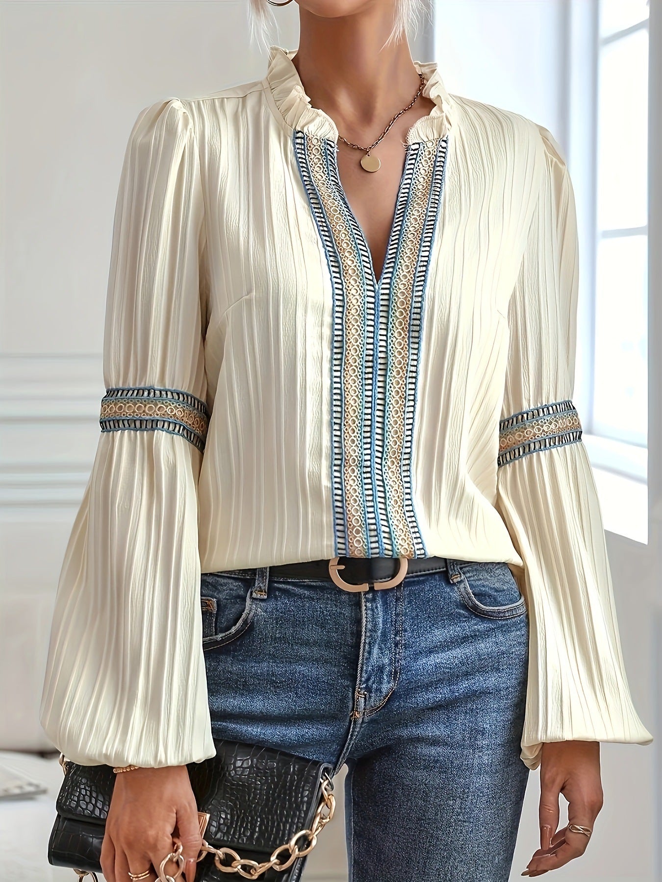 Schlichtes Spitzen-Patchwork-Shirt mit V-Ausschnitt