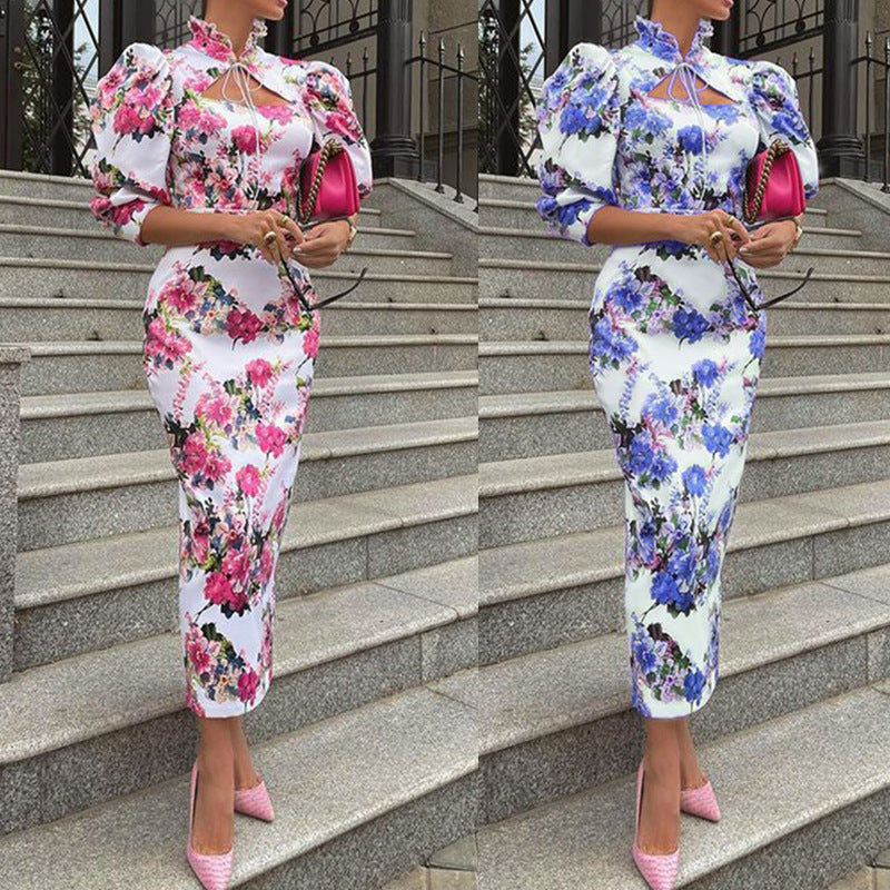 Bedrucktes Midi-Kleid mit Stehkragen für Damen