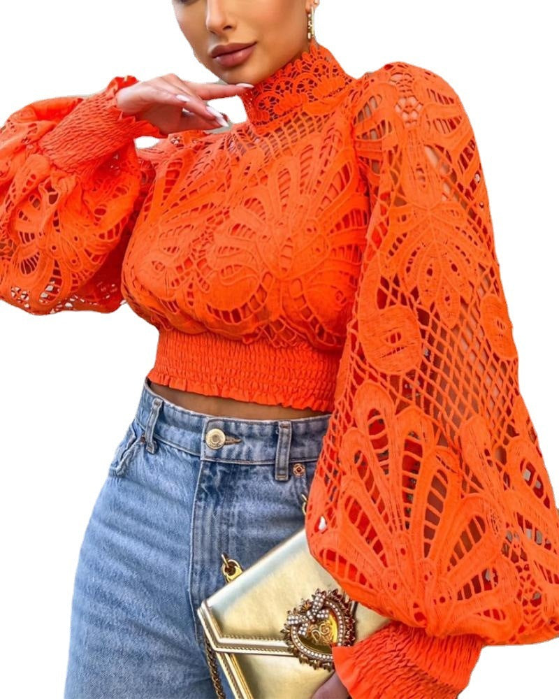 Orangefarbenes Spitzen-Hollow-out-Top