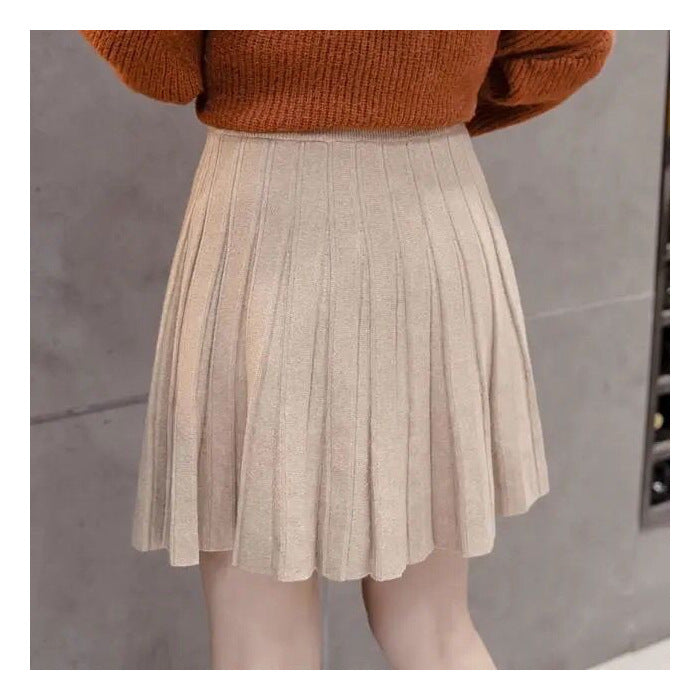 Damen Herbst- und Winterrock mit hoher Taille und gestrickten Falten