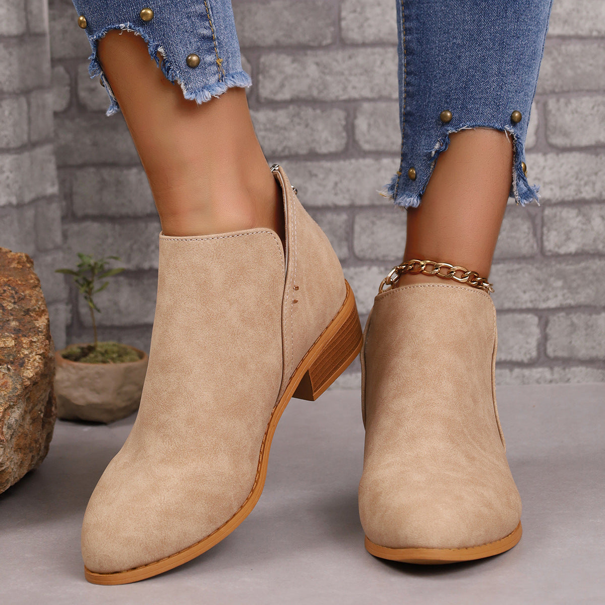 Klobige Ferse V-Schnitt Stiefeletten für Frauen