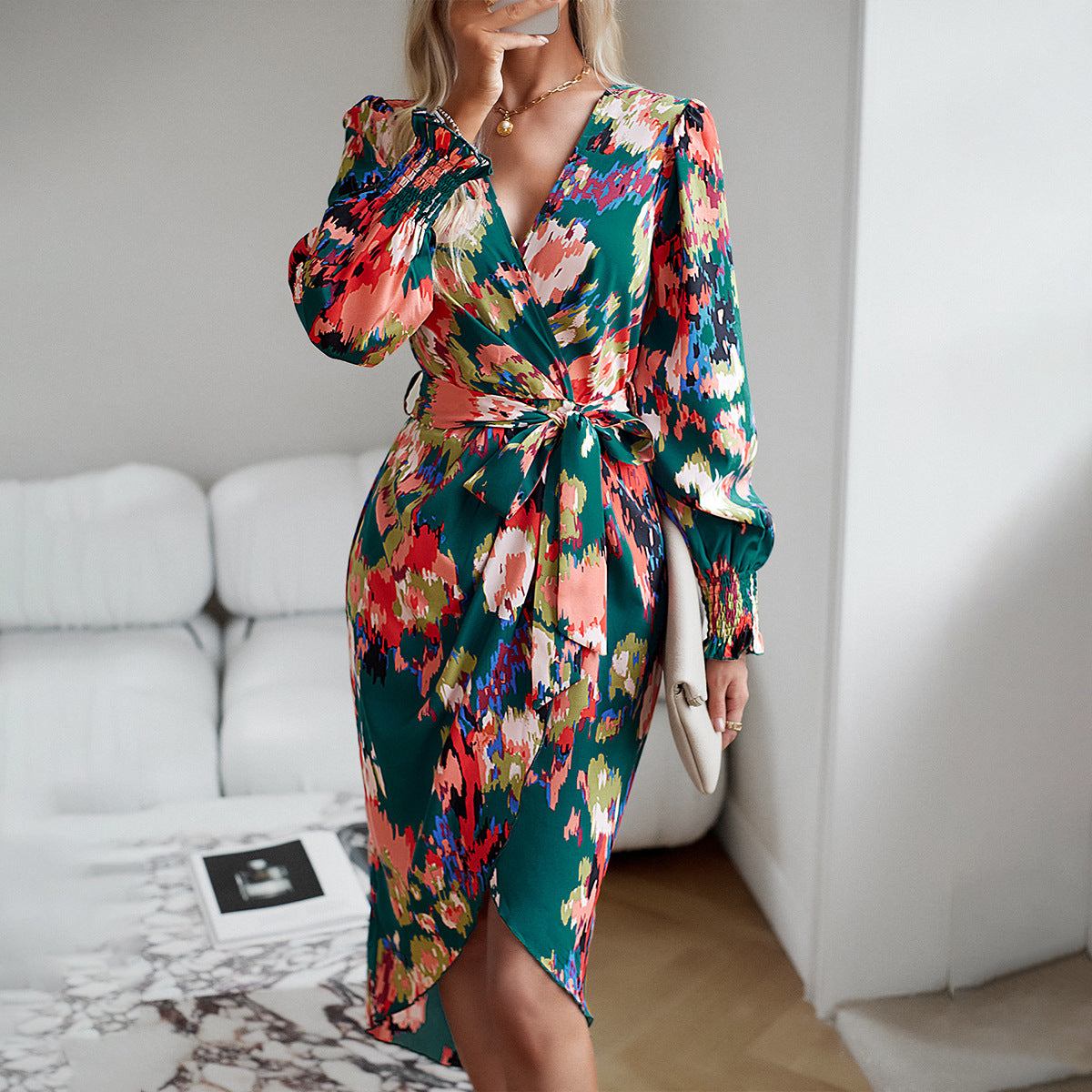 Herbst-Winter Bedrucktes V-Ausschnitt Kleid