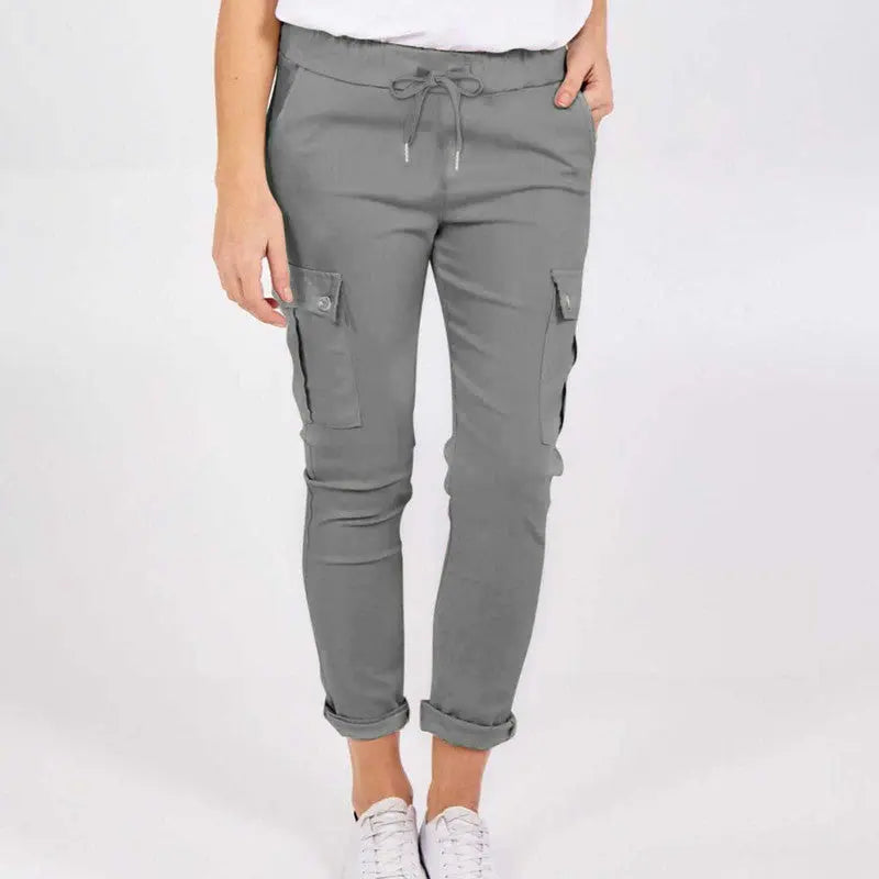 Lässige Cargo-Hose mit Taschen, einfarbig, mit Tunnelzug am Bund, Bleistifthose für Frauen