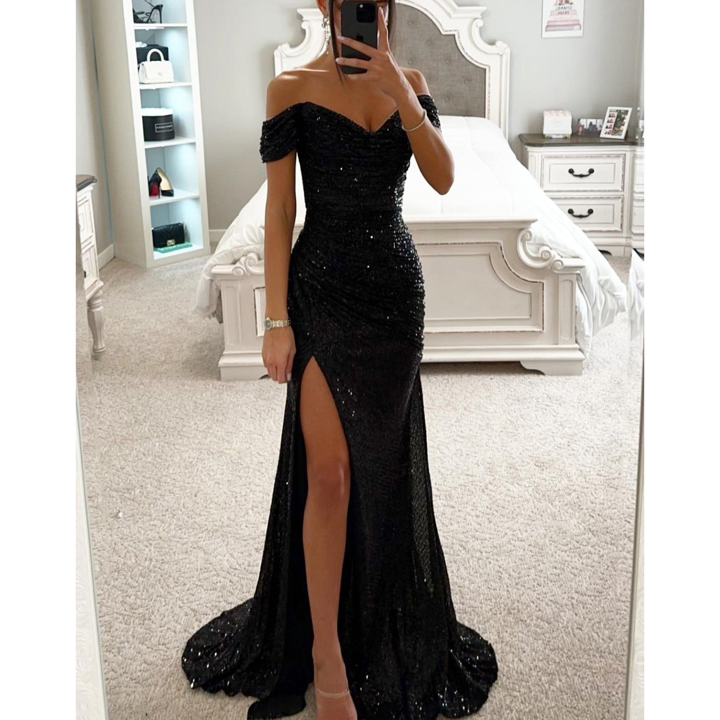 Party Pailletten Off-Neck-Split-Kleid
