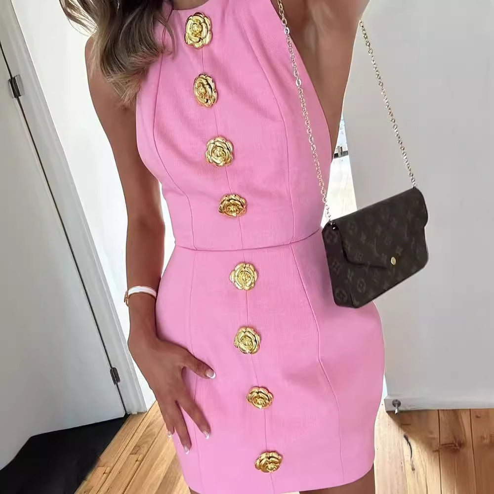Süßes ärmelloses rückenfreies Kleid mit Rosenknopf-Desig