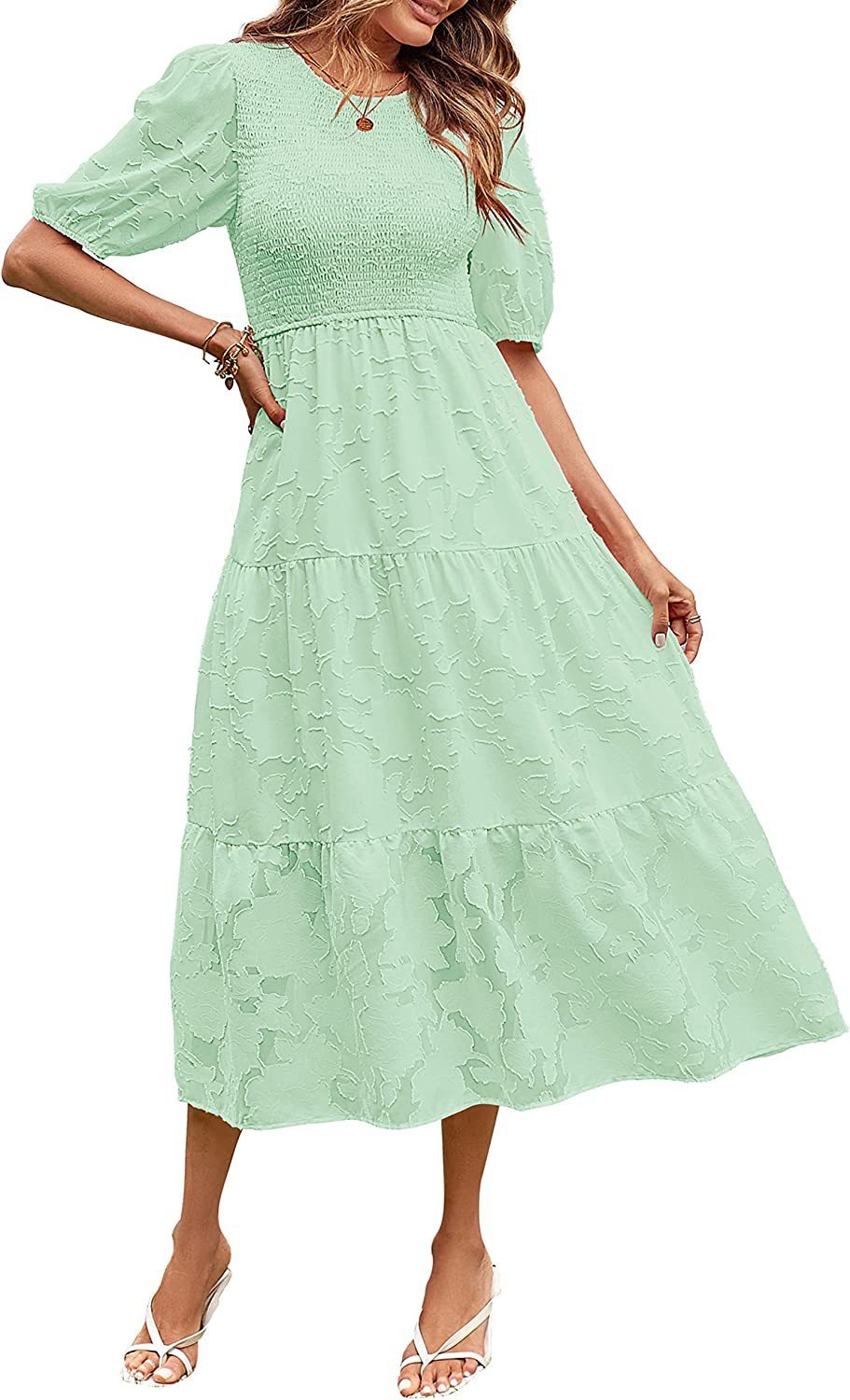 Gefältetes Ballonärmel-Lagenblumenkleid
