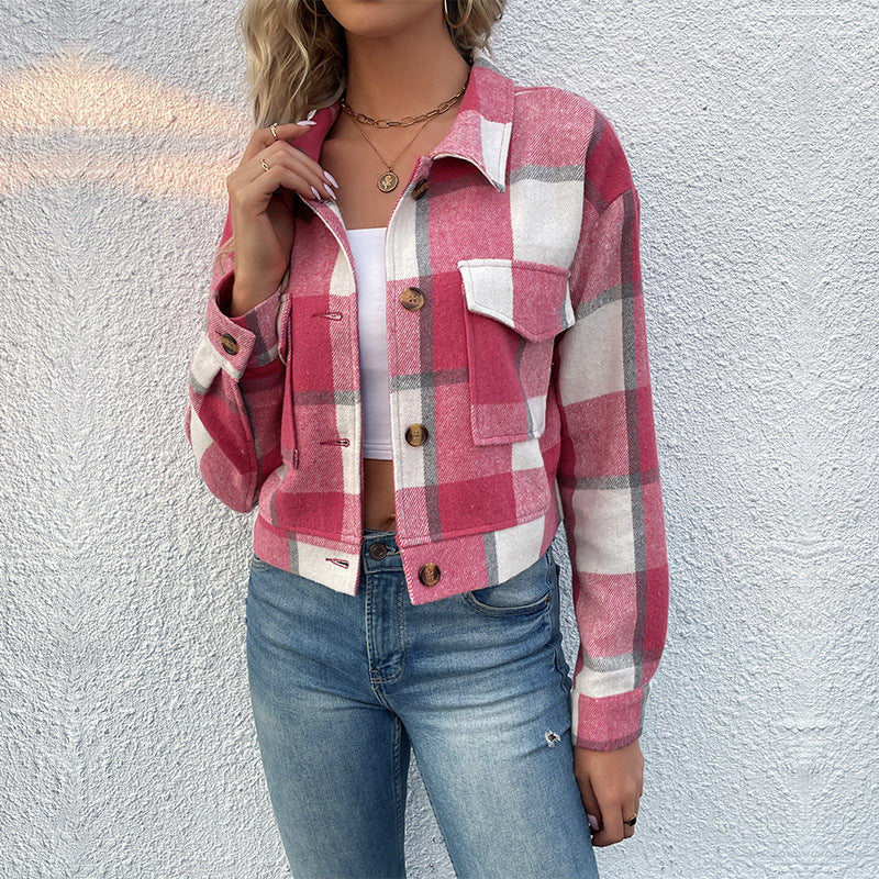 Karierte Kurze Jacke mit Revers und Taschen für Damen